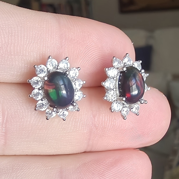 Ethiopian Black Opal and Moissanite Earrings - Picture 5 of 7